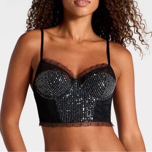 Black Sequin Lace Corset Crop Top With Lace Trim